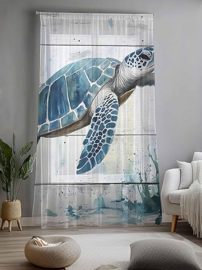 Sheer Curtains 108 Inches Long, Teal Green Sea Turtle Semi Sheer Curtains Light Filtering Window Treatment, Summer Ocean Vintage Wood Grain Privacy Voile Drapes for Living Room Bedroom 52x108 Inch