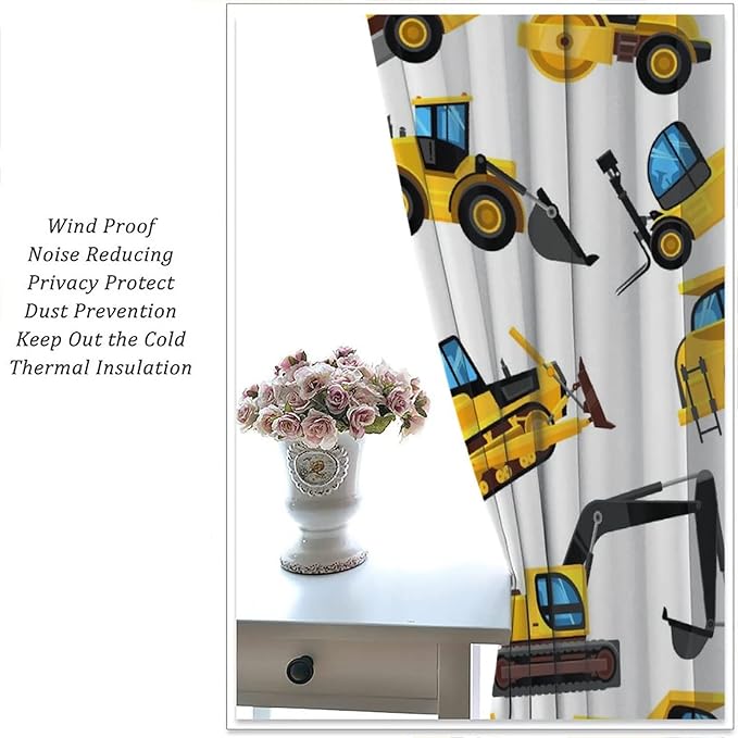 Kids Construction Equipment Window Curtains, Excavator Tractor Tow Truck Rod Pocket Decorative Windows Curtain for Children Teens Boys Girls Room Decor 63x63in (30% Blackout)