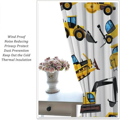 Kids Construction Equipment Window Curtains, Excavator Tractor Tow Truck Rod Pocket Decorative Windows Curtain for Children Teens Boys Girls Room Decor 84x84in (30% Blackout)