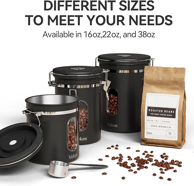 Veken Coffee Canister with Window,Airtight Stainless Steel Pantry Container,Home Kitchen Food Storage Organizers for Ground,Beans,Espresso,Rice,Tea,Sugar,Cereal, Decor,Bar Accessories,Gifts,22OZ,Black