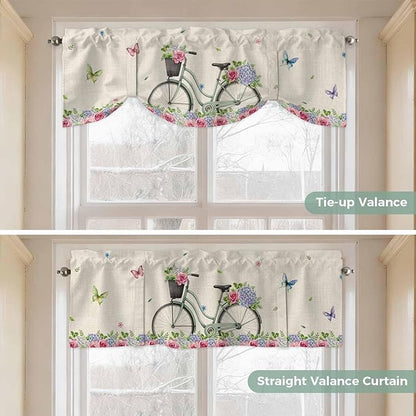 Farmhouse Spring Tie Up Valance Curtains for Windows, Kitchen Curtains Window Shades, Retro Bicycles Flowers Vines Butterfly Light Filtering Roman Curtain Valances for Bedroom/Bathroom/Cafe 42"x18"