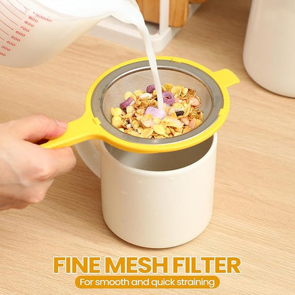 LemonRoad Set of 3 Stainless Steel Mesh Strainer 304 Fine Mesh Filters with Ergonomic Handles and Hanging Ears for Oil Filter Skimming Grease and Foam (Yellow)