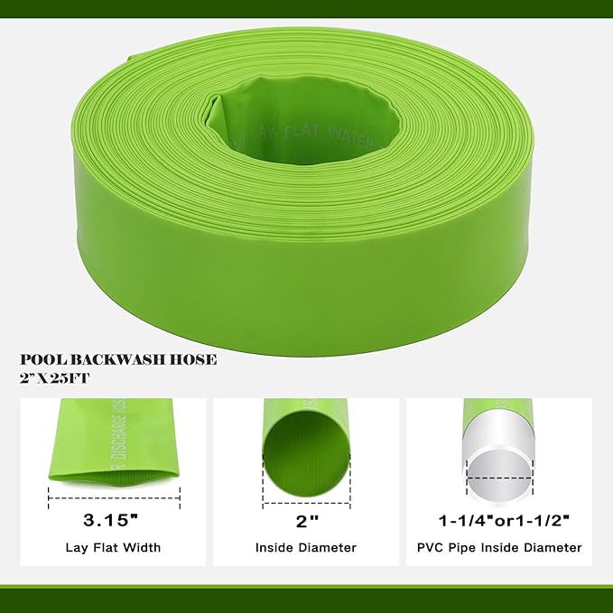 Eastrans 2'' x 25 FT Pool Backwash Hose with 2 Hose Clamps,Extra Heavy Duty Discharge Hose,Drain Hose for Swimming Pool,Super wear-resistant,weather blast,green