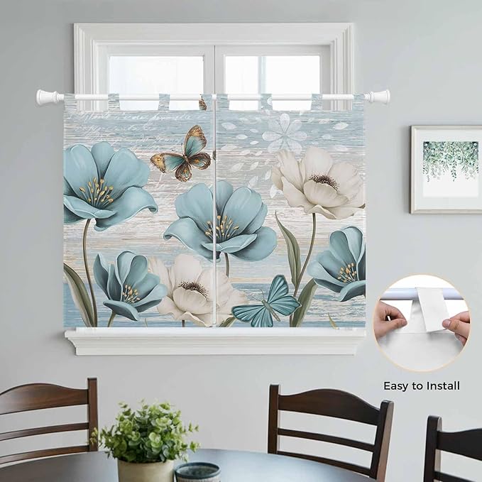 Spring Floral Kitchen Curtains 45 Inch Length, Short Cafe Window Curtains Tab Top, Vintage Tulips Flower Butterfly Retro Wood Blue Light Filtering Window Treatments Tier Drapes 27.5"x45" 2 Panel