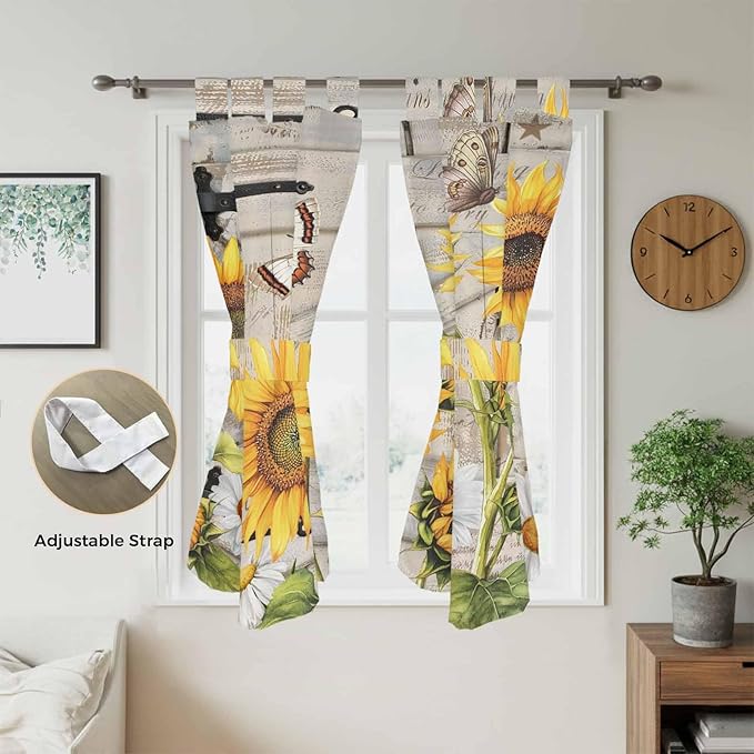 Farm Flowers Living Room Curtains 84 Inch Length, Window Curtains Tab Top, Retro Sunflowers Barn Doors Butterfly Wood Board Light Filtering Window Treatments Drapes 42"x84" 2 Panel