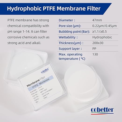 100 Pieces/Pack PTFE Disc Membrane Filters Hydrophobic 47mm Diameter 0.22µm Pore Size