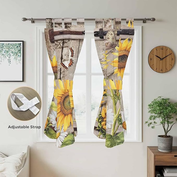 Farmhouse Sunflowers Bathroom Curtains 63 Inch Length, Window Curtains Tab Top, Rustic Barn Doors Flowers Butterfly Wooden Light Filtering Window Treatments Drapes 52"x63" 2 Panel