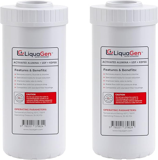 LiquaGen Activated Alumina + Carbon + KDF-55 Replacement Water Filter Cartridge – Helps Manage Fluoride, Chlorine & Taste, Refillable 2.5" x 10", 2.5" x 20", 4.5" x 10", 4.5" x 20" (2, 4.5" x 10")