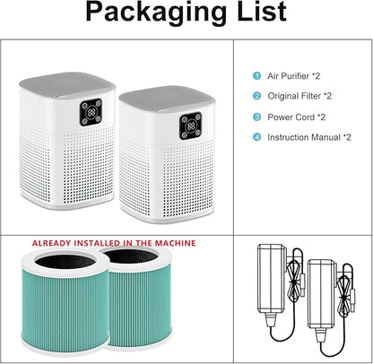 2 Pack Air Purifiers for Home Bedroom up to 2190ft², Honeyuan H13 HEPA Air purifier with 360°Air Intake, 3 Fan Speeds, White