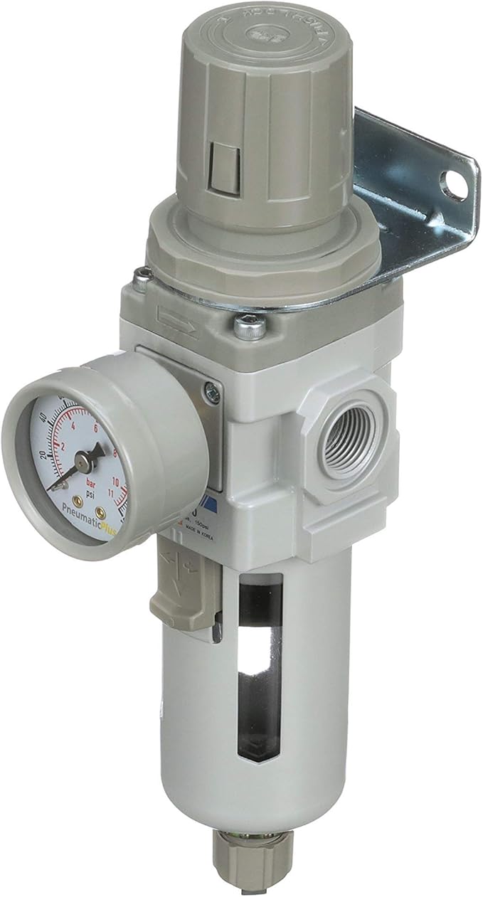 PneumaticPlus SAW300-N03BG Compressed Air Filter Regulator Piggyback Combo 3/8" NPT - Poly Bowl, Manual Drain, Bracket, Gauge