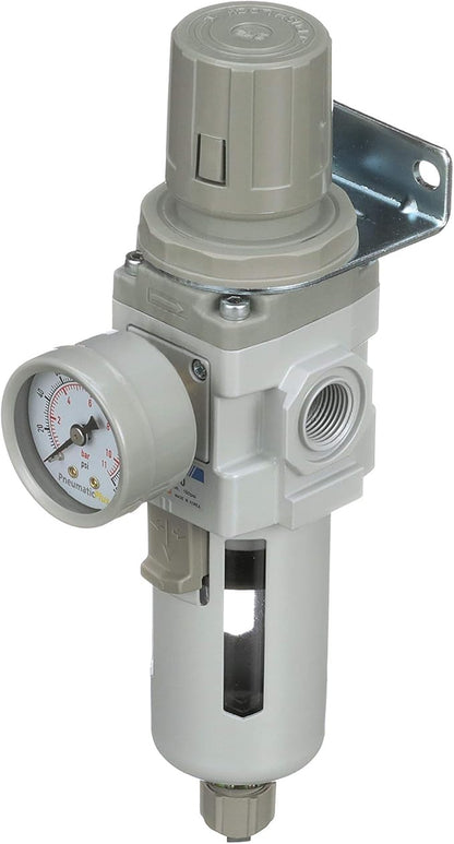 PneumaticPlus SAW300-N03BG Compressed Air Filter Regulator Piggyback Combo 3/8" NPT - Poly Bowl, Manual Drain, Bracket, Gauge