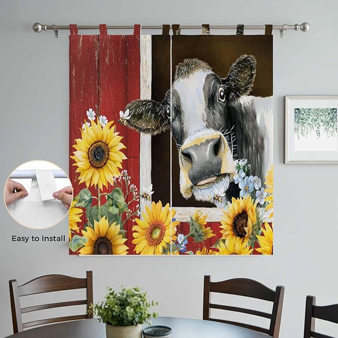 Cows Sunflowers Living Room Curtains 84 Inch Length, Window Curtains Tab Top, Rustic Farms Barns Flowers Bees Animals Light Filtering Window Treatments Drapes 42"x84" 2 Panel