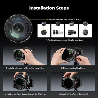 K&F CONCEPT X PRO Square Filter Holder System Kit (Filter Holder + 95mm Circular Polarizer + Square ND1000 Filter + ND8 + ND64 + 4 Filter Adapter Rings) for Camera Lens with36 Multi-Coated