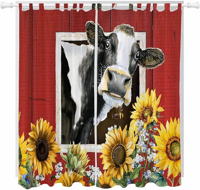 Cows Sunflowers Living Room Curtains 96 Inch Length, Window Curtains Tab Top, Spring Botanical Floral Bees Red Barn Light Filtering Window Treatments Drapes 52"x96" 2 Panel