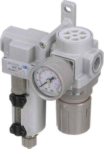 PneumaticPlus SAU320-N03G-MEP Compressed Air Filter Regulator Combo 3/8" NPT - Metal Bowl, Manual Drain, Bracket, Gauge