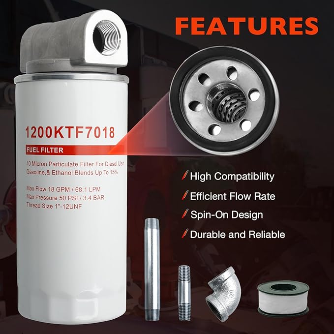 1200KTF7018 Fuel Filter Spin-On Particulate Replacement for Transfer Pumps FR112 FR1210G FR610G,18 GPM Flow Rate,50 PSI- Includes 1200KTG9075 Filter Head, 3/4" ST Elbow, and 3/4" x 7" Nipple