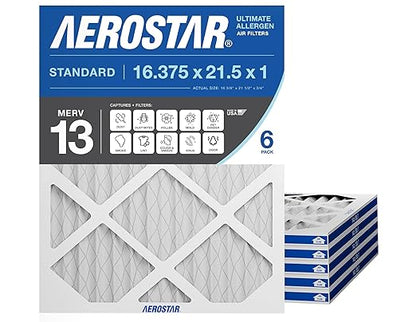 Aerostar 16.375x21.5x1 MERV 13 Air Filter, 6 Ct, ACTUAL SIZE (16.50 x 21.50 x 0.75), HVAC, Air Conditioning & Furnace Filter for Allergies, Dust, Pet Dander & Smoke (MPR 1500 / FPR 10), Made in USA