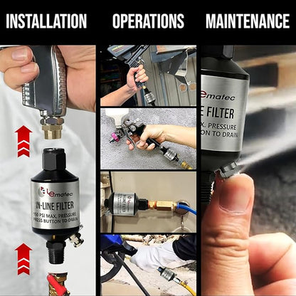 LE LEMATEC Air Compressor Water Separator - 1/4" NPT Inline Filter & Air Line Water Separator for Air Compressor, Moisture Trap Paint Gun Filter for Pneumatic Tools & Plasma Cutters, AI303