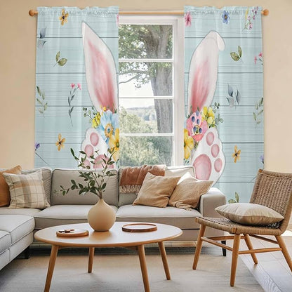 Easter Window Curtains 72 Inch Long 2 Panel Set, Rod Pocket Long Curtains & Drapes, Spring Rabbits Ears Feet Flowers Wooden Grain Light Filtering Window Treatment for Bedroom Living Room 52"W x 72"L