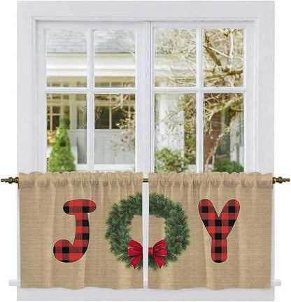 Red Green Christmas Kitchen Tier Curtains 24 Inch Long 2 Panel Set,Rod Pocket Cafe Small Window Curtains Over Sink,Xmas Botanical Winter Farmhouse Short Drapes for Bathroom Cabinet 27.5"W x 24"L
