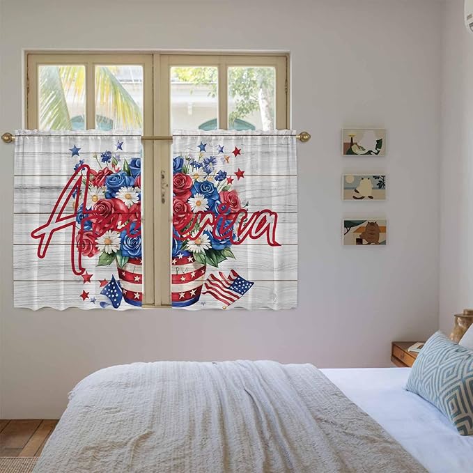 Independence Day Kitchen Curtains 54 Inch Long 2 Panel Set, Rod Pocket Window Curtains Panels, 4 of July Rose Wooden Grain Vintage Light Filtering Drapery Draperies for Bathroom Bedroom 52"W x 54"L