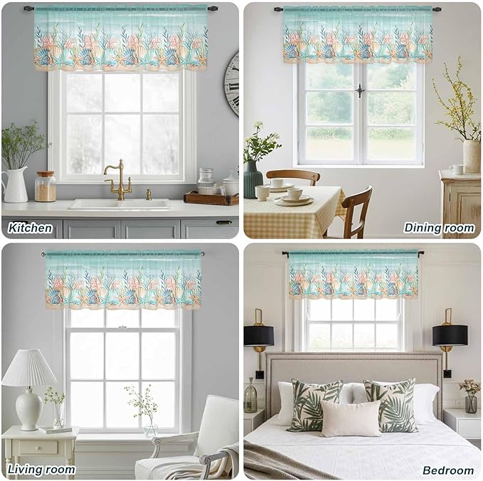 Summer Beach Sheer Valance Curtains, Green Ocean Colorful Coral Shell Seaweed Starfish Sandy Light Filtering Kitchen Valances Rod Pocket Voile Curtain for Bedroom/Living Room/Basement 42Wx18L