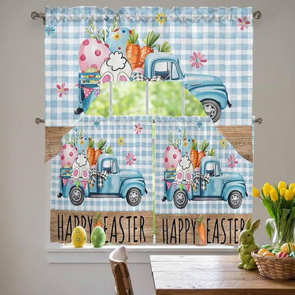 Swag Valance Curtains, Easter Truck with Rabbit Eggs Carrot Rod Pocket Valances Swag Topper for Kitchen Windows, Wood Barn and Blue Checker Light Filtering Short Curtain for Bedroom Bathroom 56x36In