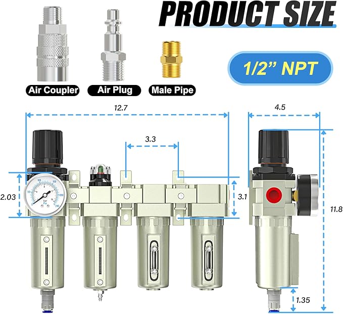 1/2" NPT Heavy Duty Industrial Grade 4 Stage Air Drying System,Auto Drain,Coalescing Filter,Particulate Filter,Double Desiccant Dryer and Air Regulator For Plasma Cutter and Paint Spray