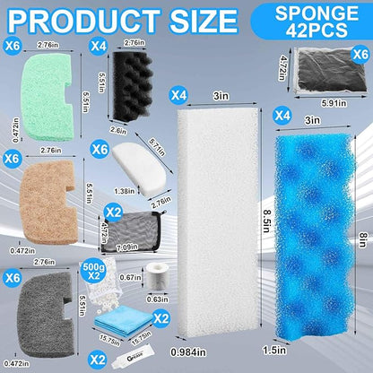50 Pcs Compatible with Fluval 206/207 Filter Media Canister Filter Maintenance & Replacement Kit, Bio-Based Foam, Activated Carbon, Ceramic Rings, Microfiber Rags, Mesh Bags, Silicone Lube