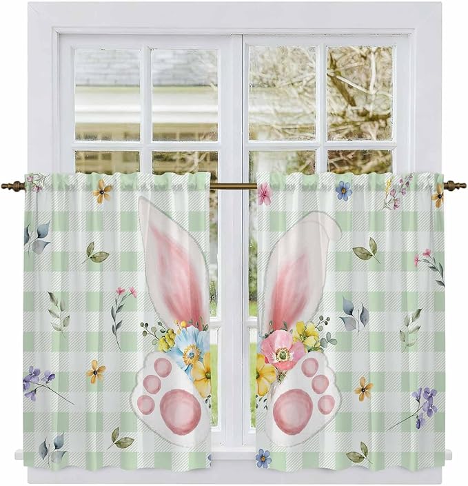 Easter Kitchen Curtains 54 Inch Long 2 Panel Set, Rod Pocket Window Curtains Panels, Spring Bunny Ears Feet Flowers Green Plaid Light Filtering Drapery Draperies for Bathroom Bedroom 52"W x 54"L