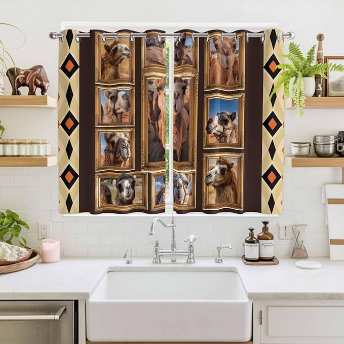 2 Panel Kitchen Cafe Curtains, Wildlife Camels Sunlight Filtering Nature Air Through, Home Decor Window Covering Tier Curtains for Living Room 104W x 72L inch Deserts Animals Brown Geometric Rustic