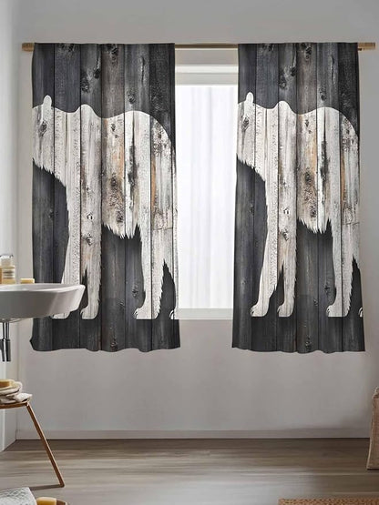 Sheer Curtains 72 Inches Long, White Brown Bear Semi Sheer Curtains Light Filtering Window Treatment, Farmhouse Country Vintage Wood Grain Privacy Voile Drapes for Living Room Bedroom 52x72 Inch