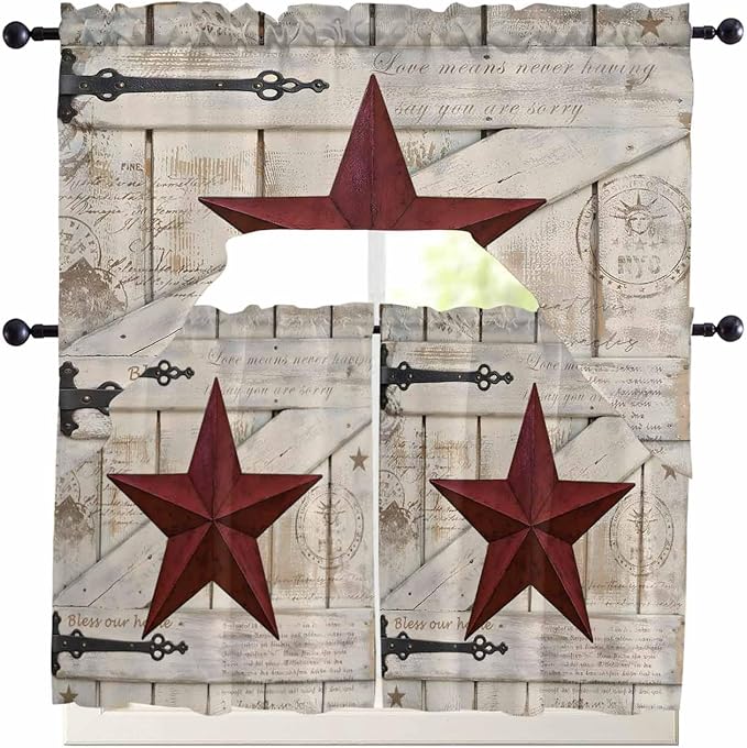 Village Stars Swag Kitchen Curtains Valance and Tier Set, Vintage Dark Red Star Beige Barn Doors Light-Filtering Swag Valance 36 Inch Length, Rod Pocket Short Curtain for Bedroom Cafe