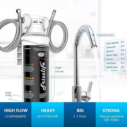 Frizzlife Under Sink Water Filter System-NSF/ANSI 53&42 Certified High Capacity Direct Connect Under Counter Drinking Water Filtration System-0.5 Micron Reduces Lead, Chlorine, Bad Taste & Odor