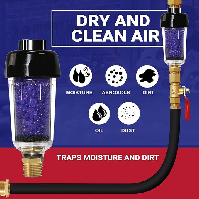 LEMATEC Compressed Air Dryer with Desiccant Filter System - Removes Oil, Water & Moisture for Pneumatic Tools, HVLP Paint Spray Guns - 150 PSI, 22 CFM Flow Rate - 1/4"