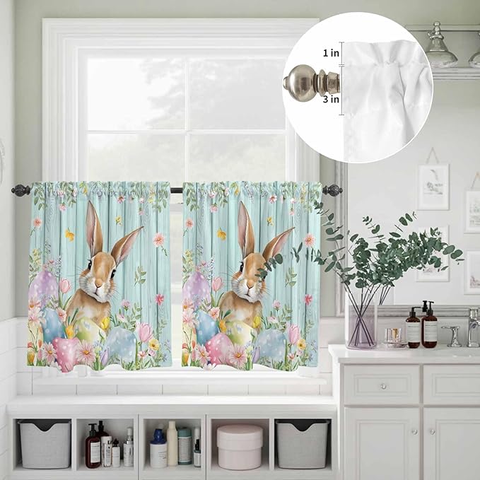 Kitchen Curtains Tiers and Valance Set of 3, Easter Light Filtering Window Curtain Set, Spring Rabbit Eggs Flowers Leaf Green Wooden Plank Rod Pocket Curtain Drapes for Living Room, 24 Inches Tiers