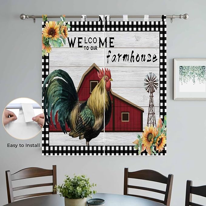 Farmhouse Rooster Bedroom Curtains 72 Inch Length, Window Curtains Tab Top, Rustic Red Barn Windmill Sunflowers Light Filtering Window Treatments Drapes 52"x72" 2 Panel
