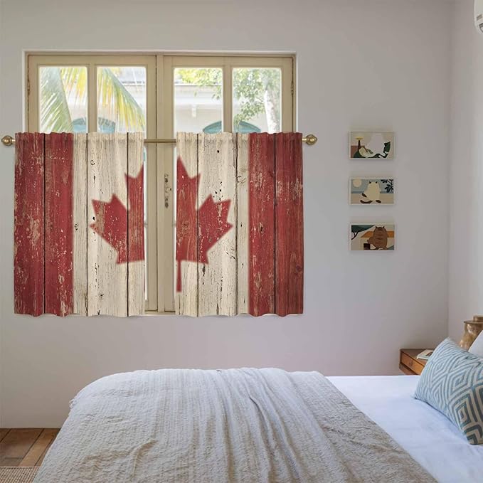 Canada Kitchen Curtains, Red Maple Leaf Flag Vintage Farmhouse Wooden Grain Light Filtering Window Curtain Panels, 2Pcs Rod Pocket Window Treatments Set for Study Room Bathroom Bedroom 52x54 Inches