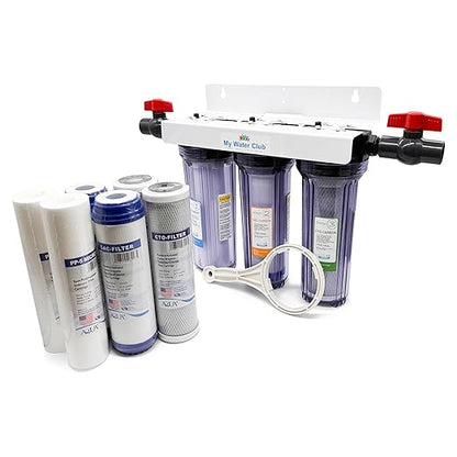 Whole House 3-Stage Water Filtration System, 3/4" port with 2 valves and extra 1 year filter supply (2 sets, 6 pcs)