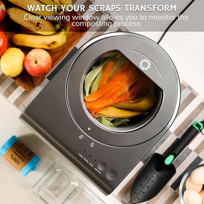 Airthereal Revive Electric Kitchen Composter with Visual Glass Cover, Upgraded SHARKSDEN Tri-Blade, Turn Food Waste and Scraps into Natural Fertilizer for Plants, R500-V, Grey