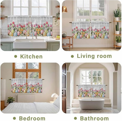 Easter Kitchen Tier Curtains 24 Inch Long 2 Panel Set,Rod Pocket Cafe Small Window Curtains Over Sink,Retro Spring Bunny Eggs Tulip Farm Wooden Grain Light Filtering Short Drapes 27.5"W x 24"L