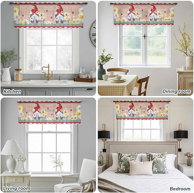 Ladybug Gnome Sheer Valance Curtains, Country Summer Rustic White Yellow Daisy Floral Wood Grain Light Filtering Kitchen Valances Rod Pocket Voile Curtain for Bedroom/Living Room/Basement 54Wx18L