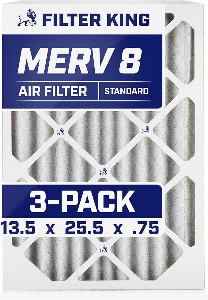 Filter King 13.5 x 25.5 x .75" Air Filter | 3-PACK | MERV 8 HVAC Pleated A/C Furnace Filters | MADE IN USA | Actual Size: 14x26x1"