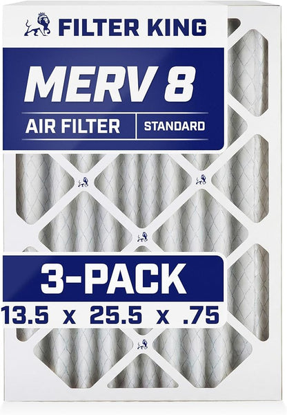 Filter King 13.5 x 25.5 x .75" Air Filter | 3-PACK | MERV 8 HVAC Pleated A/C Furnace Filters | MADE IN USA | Actual Size: 14x26x1"