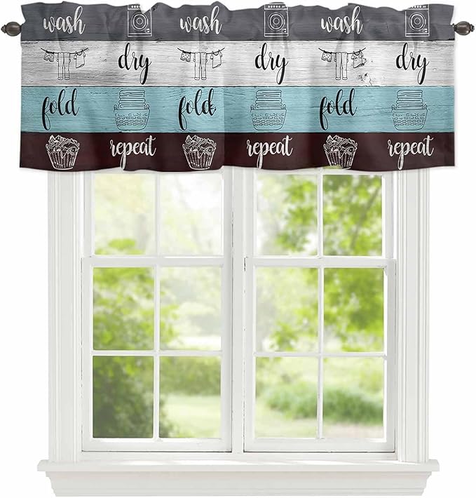 Laundry Rules Valances for Windows, Retro Blue White Wood Board Grain Kitchen Valance Light Filtering Rod Pocket Short Curtains for Kitchen Bathroom, 1 Panel, 56"x16"