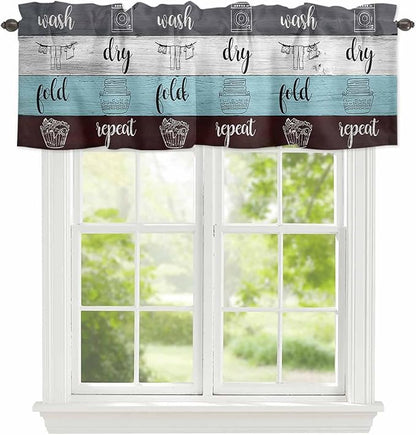 Laundry Rules Valances for Windows, Retro Blue White Wood Board Grain Kitchen Valance Light Filtering Rod Pocket Short Curtains for Kitchen Bathroom, 1 Panel, 54"x18"