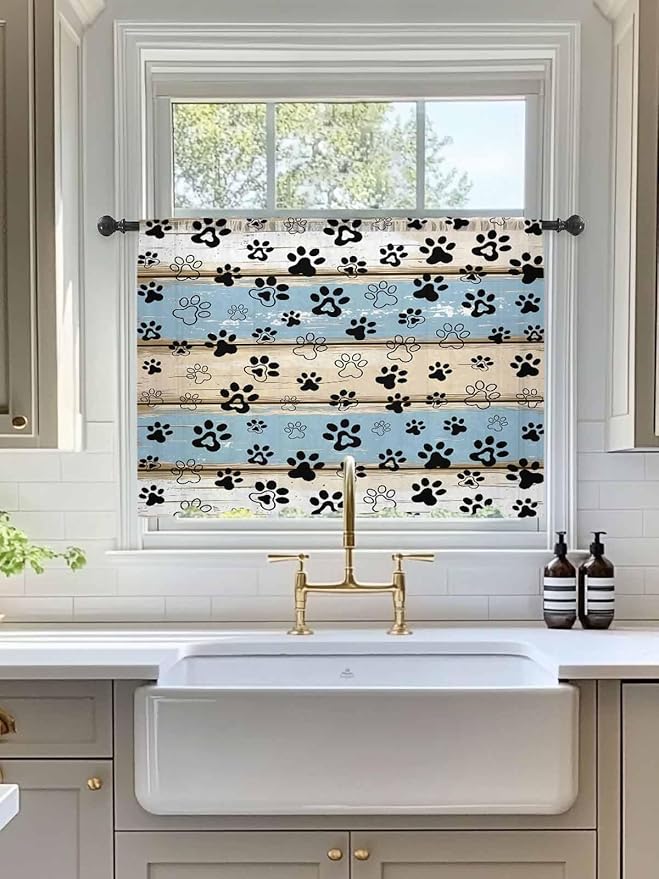 Sheer Curtains 54 Inch Length, Blue Beige Paw Print Semi Sheer Curtains Light Filtering Window Treatment, Vintage Farmhouse Rustic Wooden Grain Privacy Voile Drapes for Living Room Bedroom 52x54 Inch