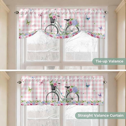 Spring Tie Up Valance Curtains for Windows, Kitchen Curtains Window Shades, Bicycles Leaves Butterfly Flowers Pink Buffalo Plaid Light Filtering Curtain Valances for Bedroom/Bathroom/Cafe 54"x18"