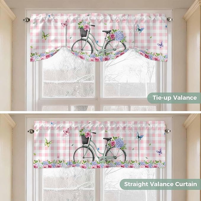 Spring Tie Up Valance Curtains for Windows, Kitchen Curtains Window Shades, Bicycles Leaves Butterfly Flowers Pink Buffalo Plaid Light Filtering Curtain Valances for Bedroom/Bathroom/Cafe 42"x12"