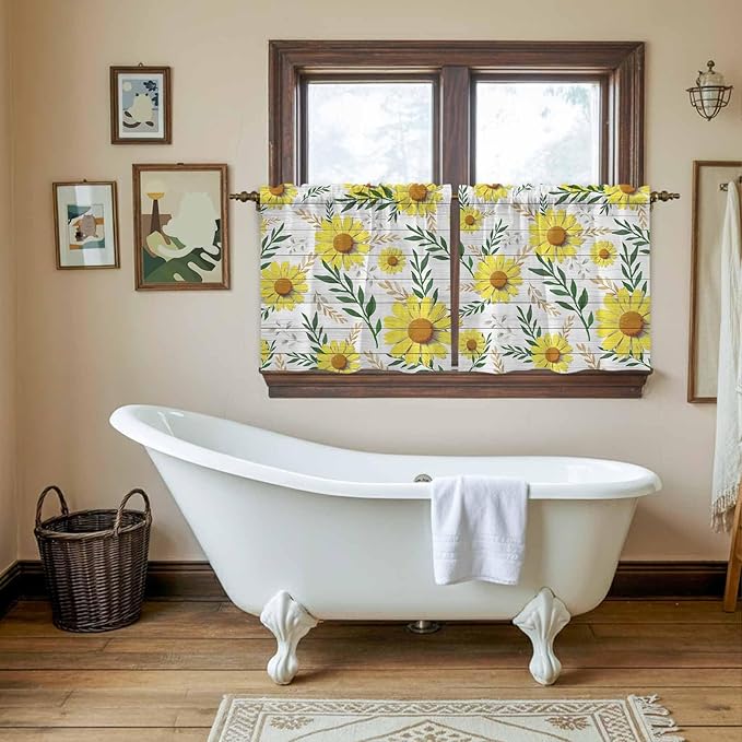 Yellow Daisy Tier Curtains, Farmhouse Country Flower Leaf Plant Wood Grain Light Filtering Kitchen Curtains, 2Pcs Rod Pocket Half Window Treatments Panels for Sink Cafe Cabinet Camper 27.5x36 Inches